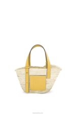Loewe Women Small Basket bag in palm leaf and calfskin 206XF50 Dark Yellow