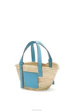Loewe Women Small Basket bag in palm leaf and calfskin 206XF57 Light Blue - Image 2