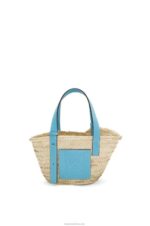 Loewe Women Small Basket bag in palm leaf and calfskin 206XF57 Light Blue
