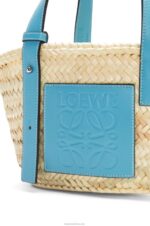 Loewe Women Small Basket bag in palm leaf and calfskin 206XF57 Light Blue - Image 5