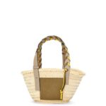 Loewe Women Small Basket bag in palm leaf with a braided handle in calfskin 206XF5 Olive/Sand