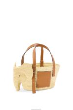Loewe Women Small Elephant Basket bag in raffia and calfskin 206XF79 Natural/Tan - Image 2