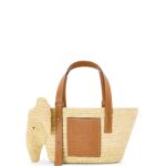 Loewe Women Small Elephant Basket bag in raffia and calfskin 206XF79 Natural/Tan