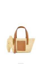 Loewe Women Small Elephant Basket bag in raffia and calfskin 206XF79 Natural/Tan