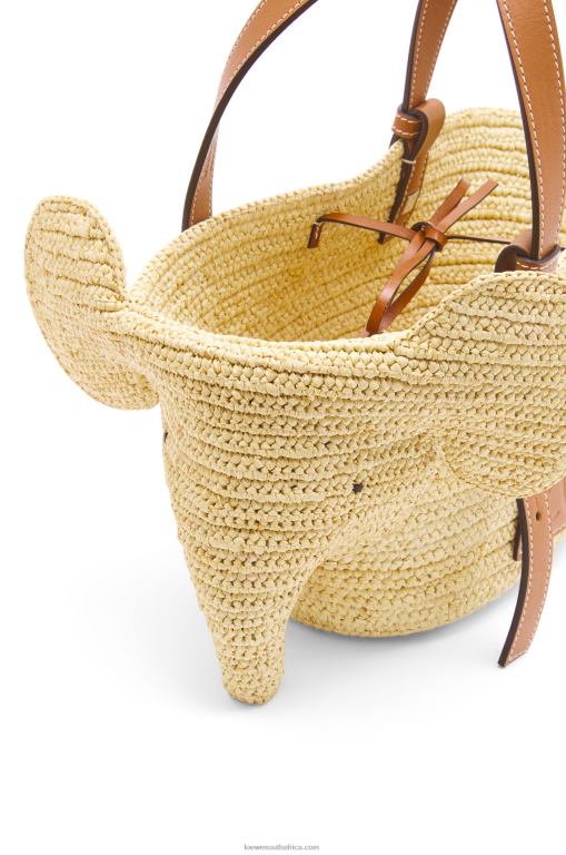 Loewe Women Small Elephant Basket bag in raffia and calfskin 206XF79 Natural/Tan - Image 4