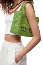 Loewe Women Small Font Tote in raffia 206XF108 Green - Image 2