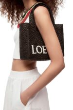 Loewe Women Small Font Tote in raffia 206XF53 Black - Image 2