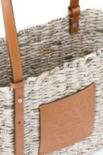 Loewe Women Small Newspaper Square Basket bag in paper and calfskin 206XF101 Tan/Multicolor - Image 4