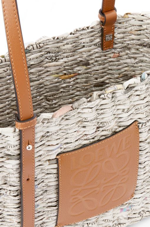 Loewe Women Small Newspaper Square Basket bag in paper and calfskin 206XF101 Tan/Multicolor - Image 4