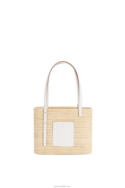 Loewe Women Small Square Basket bag in raffia and calfskin 206XF47 Natural/White