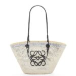 Loewe Women Sparkling Anagram basket bag in iraca palm and calfskin 206XF42 Natural/Silver