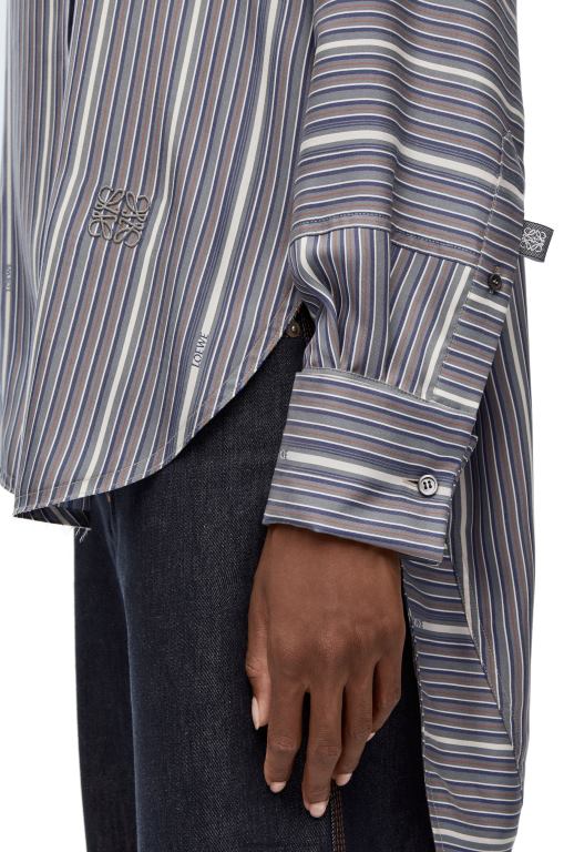 Loewe Women Stripe trompe l'oeil shirt in silk 206XF923 Grey/Navy Blue - Image 3