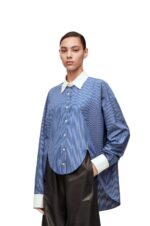 Loewe Women Striped plastron shirt in cotton poplin 206XF892 Navy/White - Image 2