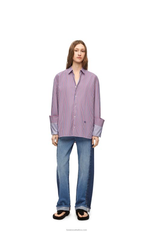 loewe_women_turn_up_shirt_in_striped_cotton_206xf856_blue_red.jpg Loewe Women Turn-up shirt in striped cotton 206XF856 Blue/Red - Image 1